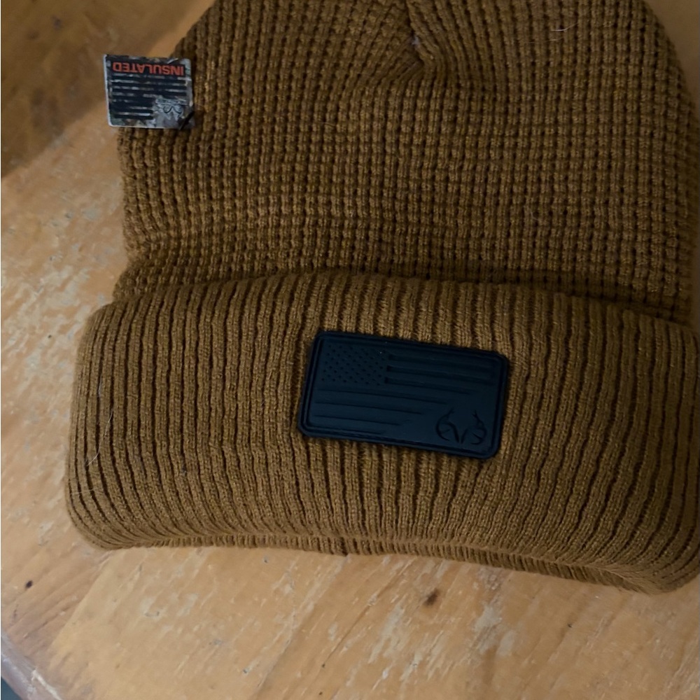 Brown Knit Beanie with Patch on front
